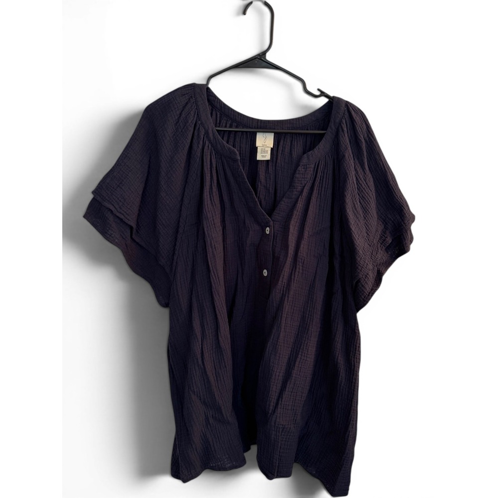Joie Blouse Womens 2X Navy Blue Double Gauze Cotton Short Sleeve Henley Relaxed
